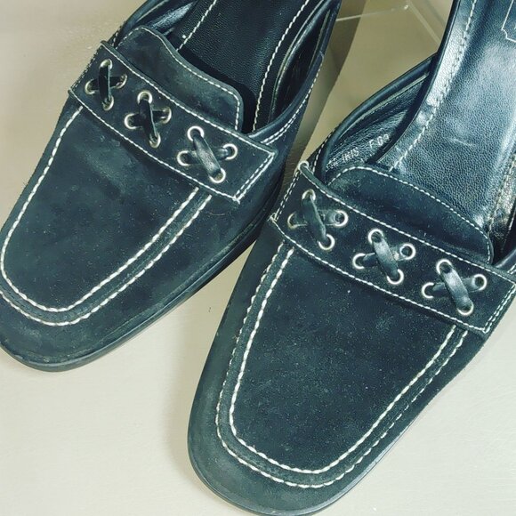 Coach Black Leather Size 7.5 Block Heels Slip On Mules Loafers Iris Suede Square - Picture 3 of 14